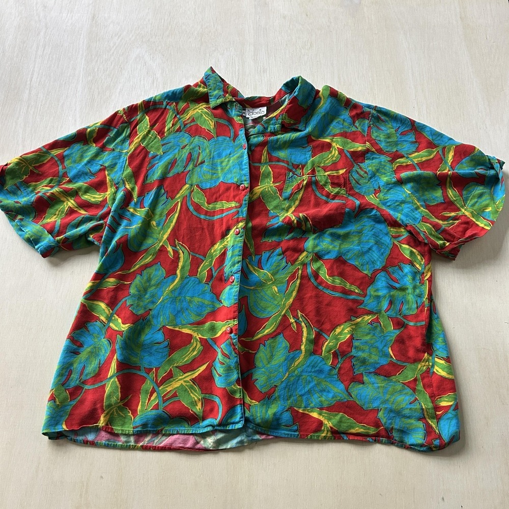 Vintage 90s Rafaella Button Up Shirt Women 3X Tropical‎ Leaf Hawaiian Rayon